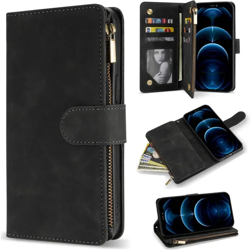 ZZXX Funda tipo cartera para iPhone 12 Pro Max con ranura para tarjeta, piel sintética suave de alta calidad, con cremallera, cartera con correa
