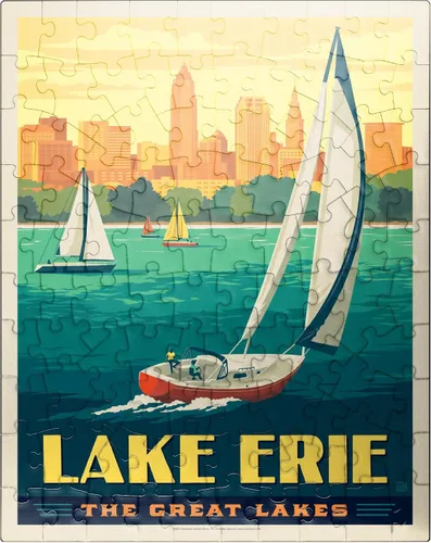 MyPuzzle Great Lakes: Lake Erie, póster vintage, rompecabezas prémium de 100 piezas para adultos