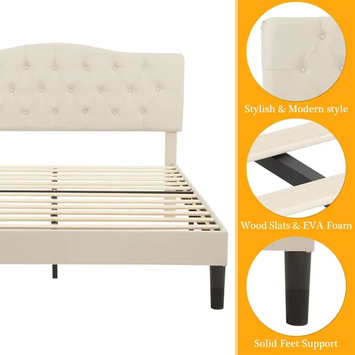 Miniatura 7 de VECELO Estructura de Cama Tamaño Full Tapizada con Cabecera Ajustable Acolchada/Base de Colchón con Soporte de Listones de Madera, Fácil Montaje
