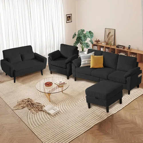 Miniatura 5 de Juego de sofá de pana moderno de 4 piezas, sofá modular en forma de L con otomana de almacenamiento, sofá biplaza y silla individual con bolsillos