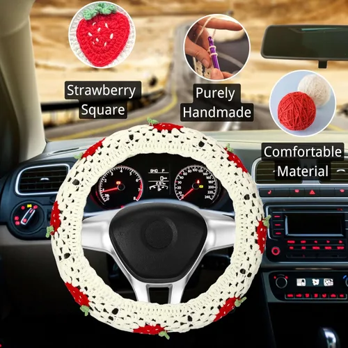 Miniatura 4 de Juego de fundas de ganchillo para volante, bonita funda bohemia para volante de automóvil de 14 a 15 pulgadas, patrón cuadrado de fresa blanca