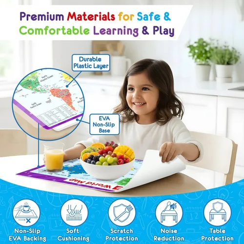 Miniatura 3 de Simply Magic 5 manteles individuales para niños, antideslizantes, lavables y reutilizables, manteles individuales educativos: Mapas del mundo