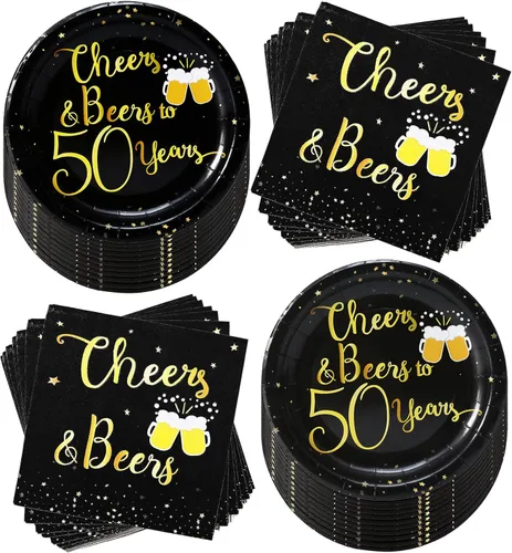 Miniatura 12 de Suministros para fiesta de cumpleaños de 90 años, juego de vajilla de alegría y cervezas, platos de 7 pulgadas y servilletas para suministros