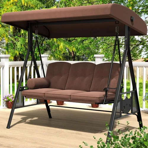 Miniatura 16 de AECOJOY - columpio de porche al aire libre con cubierta, columpios de patio de 3 asientos con toldo ajustable, columpio exterior para adultos