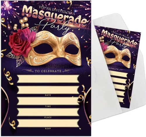 Invitaciones para fiesta de máscaras, invitaciones de fiesta de Mardi Gras, 15 tarjetas y sobres, diseño floral moderno, unisex, adultos, ocasión de