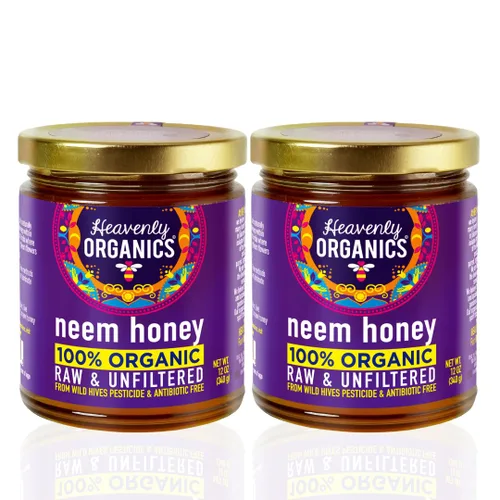 Heavenly Organics Miel de neem cruda, | (paquete de 2, 12 onzas), 100% orgánica | Miel de bosque silvestre de flores de neem | Sin calentar,