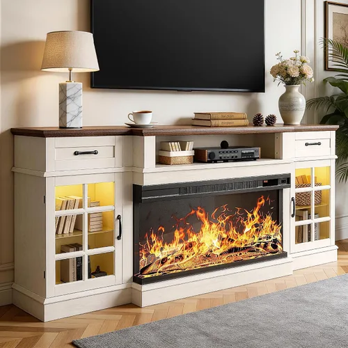 MXV Soporte de TV con chimenea de 70 pulgadas, chimenea de vidrio de 3 lados y centro de entretenimiento moderno, consola multimedia de madera con