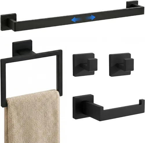Miniatura 13 de Juego de 5 piezas de herrajes de baño negro mate, juego de toalleros para baño de acero inoxidable SUS304, portarrollos de papel higiénico montado