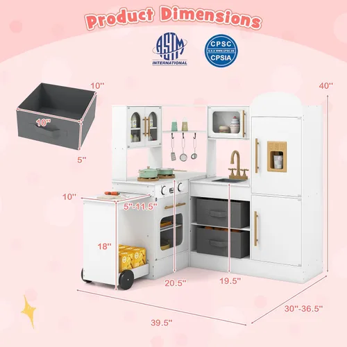 Miniatura 8 de HONEY JOY Cocina de Juego de Esquina con Carrito Rodante, Juego de Cocina de Juguete de Madera de Simulación con Luces, Máquina de Hielo, Estufas