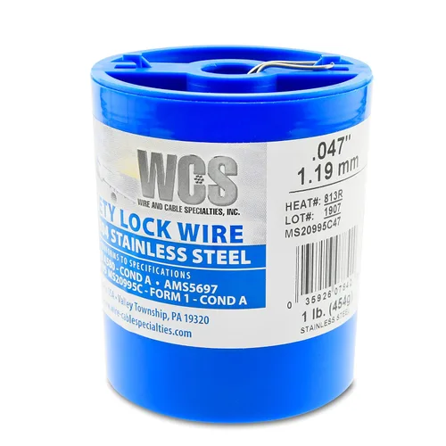 Alambre de bloqueo, T302/304 inoxidable, NASM20995, MS20995C, ASTM A580 Cond A, AMS5697, 0.047 pulgadas (1.19 mm), lata dispensadora de 1 lb (0.45