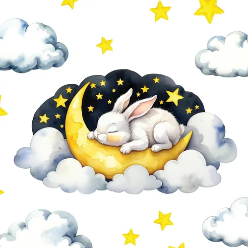 Calcomanía de pared extraíble – Conejito dormido en la nube con luna y estrellas | Juego de calcomanías de tela grande para guardería o habitación