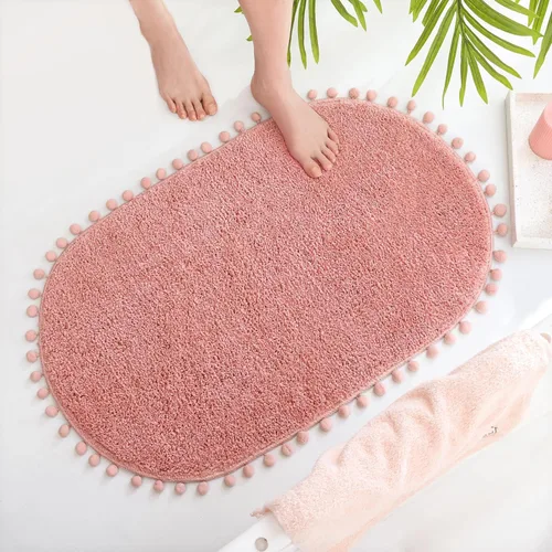 Miniatura 17 de YIRDDEO - Alfombra de baño verde oliva con pompones para baño, antideslizante, linda alfombra de baño boho con pompones ovalados absorbentes