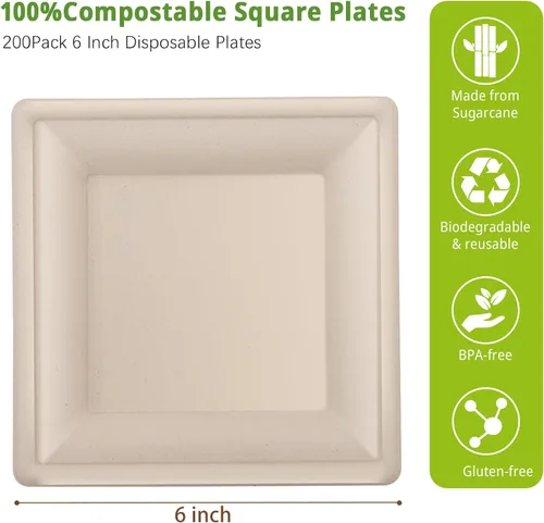 Miniatura 2 de LIYH Paquete de 200 platos de papel cuadrados de caña de azúcar compostables de 6 pulgadas, platos de postre biodegradables y de cóctel desechables