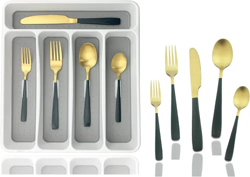 Miniatura 15 de JASHII - Juego de cubiertos con bandeja, 20 piezas de acero inoxidable cuadrado cubiertos servicio para 4, acabado mate, utensilios de alimentación