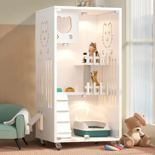 Miniatura 7 de Casa de Madera para Gatos de Gran Espacio, Condominio Cerrado para Gatos, Recinto para Gatos Interior/Exterior con Ruedas, Villa de Lujo