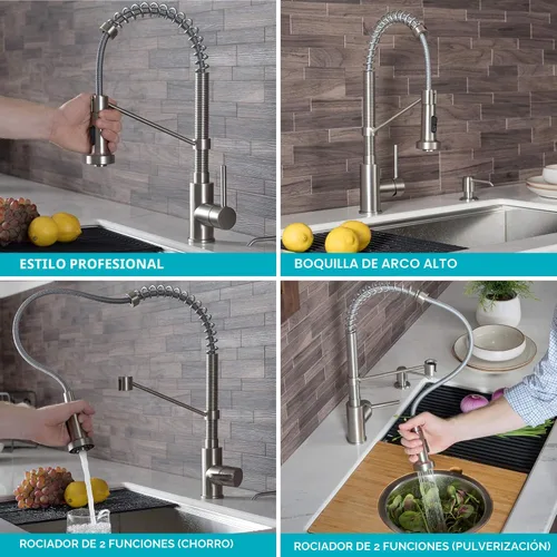 Miniatura 10 de KRAUS Bolden - Grifo de cocina de estilo comercial con mango individual de dos funciones desplegable en bronce champán antiguo libre de manchas