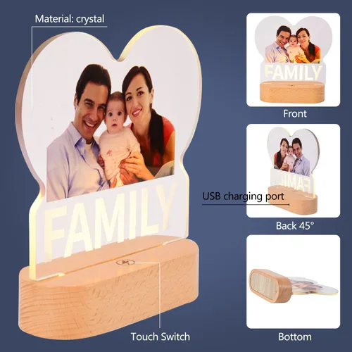 Miniatura 5 de Marco de fotos de corazón personalizado, luz nocturna, lámpara de cristal, texto de imagen personalizada, luz cálida, regalo personalizado