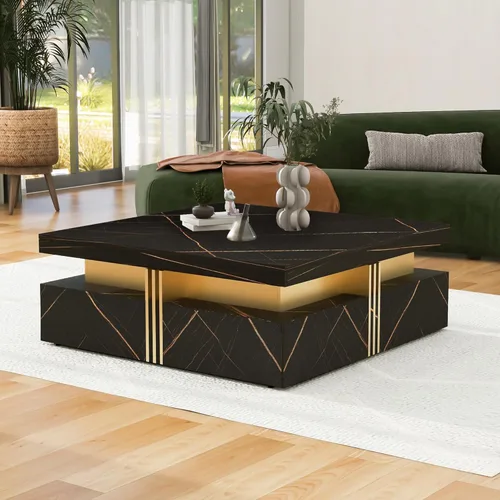 SSLine Moderna mesa de centro cuadrada de color negro y dorado, mesa de centro de cóctel de mármol sintético de lujo con 4 cajones de