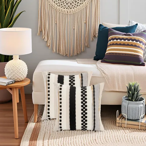 Miniatura 7 de Juego de 2 fundas de almohada bohemias de 18 x 18 pulgadas, fundas de almohada decorativas de felpilla con patrón de granja para decoración del hogar