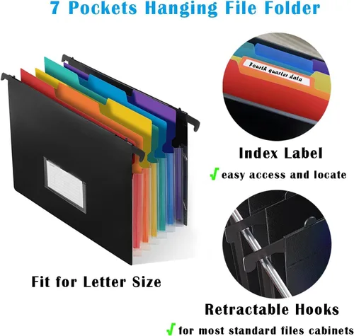 Miniatura 2 de Carpeta colgante de archivos de 7 bolsillos con ganchos retráctiles para archivador, organizador de archivos de acordeón expandible 2 en 1