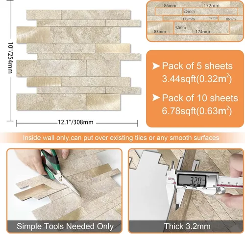 Miniatura 6 de VAOVI Azulejos autoadhesivos para salpicaduras de cocina, azulejos estilo metro lineal de mosaico de piedra para baño, pared de ducha impermeable