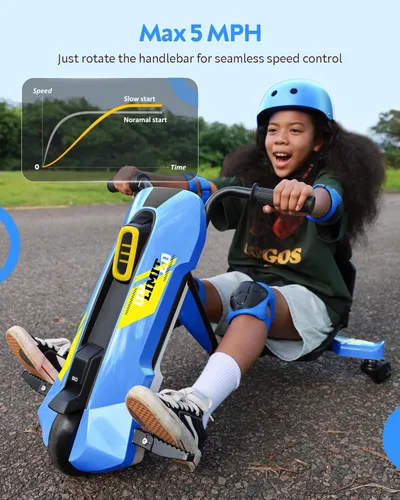 Miniatura 5 de Go Kart eléctrico para niños de 6 a 12 años, cambio de carrito de deriva de 12 V, giro de 360°, empuñadura giratoria, velocidad sin escalones, Azul