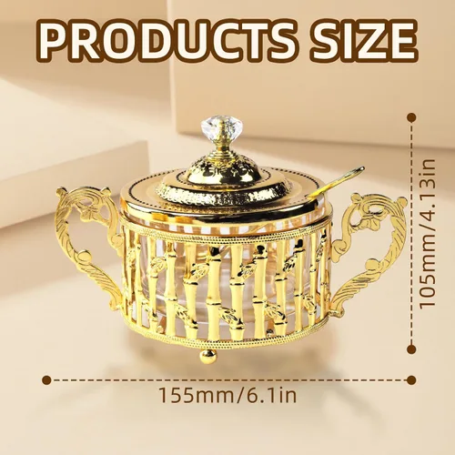 Miniatura 3 de Flylin Azucarero, azucarero turco con tapa y cuchara para galletas de caramelo, miel, tarro de condimentos de vidrio vintage dorado para el hogar y 5