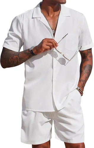 COOFANDY Conjunto de camisa de 2 piezas para hombre, manga corta, con botones, casual, hippie, vacaciones, playa, camisetas y pantalones cortos