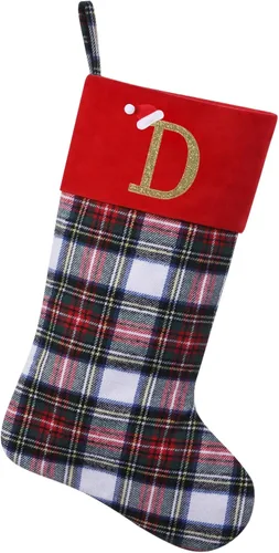 Miniatura 19 de Calcetines de Navidad personalizados con monograma inicial, adornos colgantes, medias clásicas de cuadros negros de 19 pulgadas, decoraciones