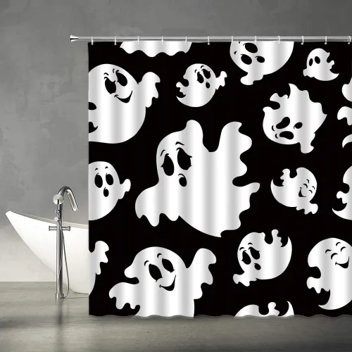 Bonita cortina de ducha de Halloween, espeluznante y divertida, iconos de fantasmas, arte en blanco y negro, tela de poliéster, juego de decoración
