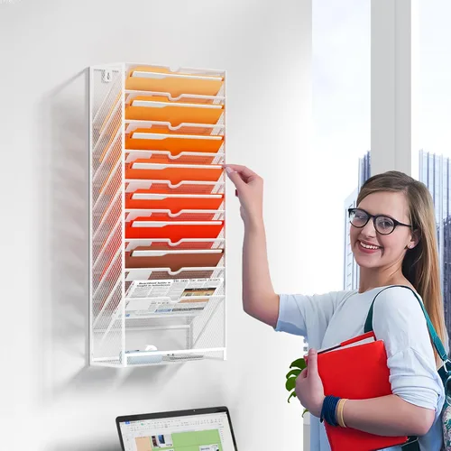 Miniatura 4 de Marbrasse Organizador de archivos de pared colgante de 10 niveles, soporte para archivos de pared para papeles, portapapeles de archivos