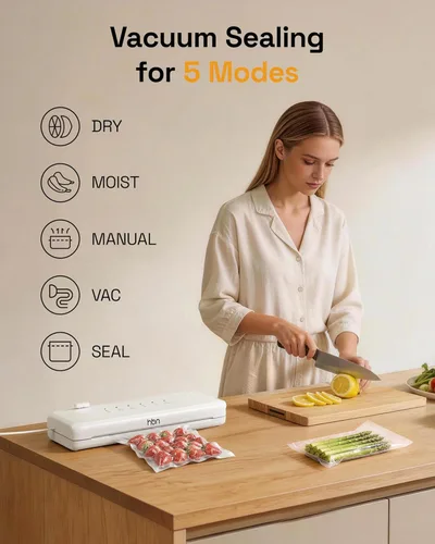 Miniatura 4 de HBN Sellador al vacío Máquina compacta selladora al vacío de alimentos, sellador automático de alimentos para cocina, encimera, doble sellado