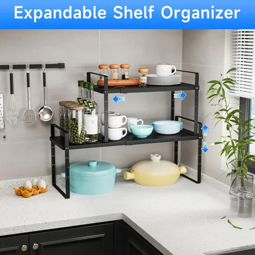 Miniatura 5 de Organizador de estante expandible para gabinete, almacenamiento apilable para mostrador de despensa de cocina, soporte ajustable para armario, Negro