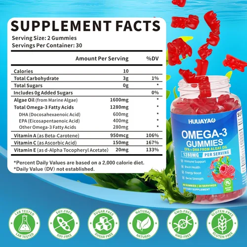 Miniatura 2 de Gomitas veganas Omega-3 de 1280 mg, alternativa de aceite de pescado Omega 3 para adultos con EPA 400 mg y DHA 600 mg y vitamina A, C, E apoya