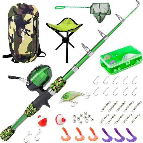 Miniatura 10 de Lanaak Caña de Pescar para Niños, Juego de Caña de Pescar Telescópica Portátil para Niños, Kit Combo de Caja de Aparejos y Red de Pesca, Equipo