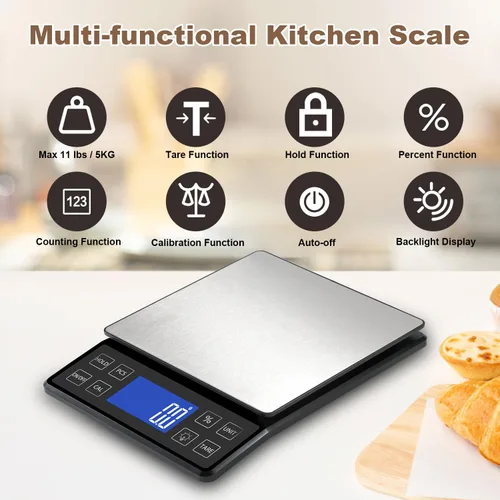 Miniatura 2 de SEMIER Báscula digital de cocina con alta precisión de 0.1 g/0.001 oz, báscula de panadería de alimentos de 5 kg/11 lb con % de función