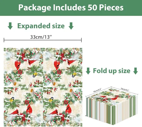Miniatura 2 de 50 servilletas de Navidad cardenal para invitados, paquete de papel desechable de 3 capas, paquete de papel rojo cardenal pájaro de papel, almuerzo
