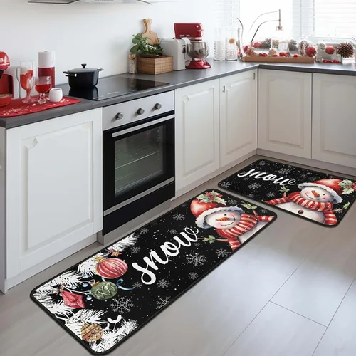 Miniatura 7 de Juego de 2 alfombras y tapetes de cocina navideños de muñeco de nieve negro y copo de nieve, decoración del hogar de invierno, tapete de piso