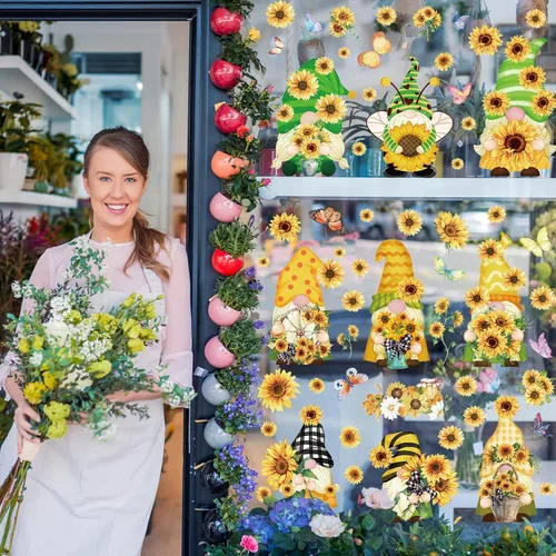 Miniatura 6 de Whaline Calcomanías para Ventana de Primavera Verano Gnomo Girasol Calcomanías de Ventana de Doble Cara Acuarela Mariposa Flor Calcomanía Pegatina