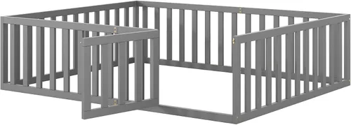 Miniatura 8 de Bellemave Cama de suelo Queen para niños, marco de cama Montessori con barandillas y puerta en forma de valla, cama Queen de madera para niños, Gris