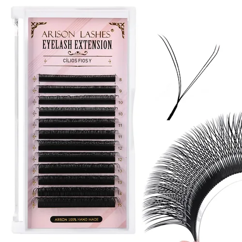 Arison Lashes YY - Extensión de pestañas Y, bandeja de mezcla de pestañas D, abanicos prefabricados, volumen en forma de Y, visón sintético, mate,