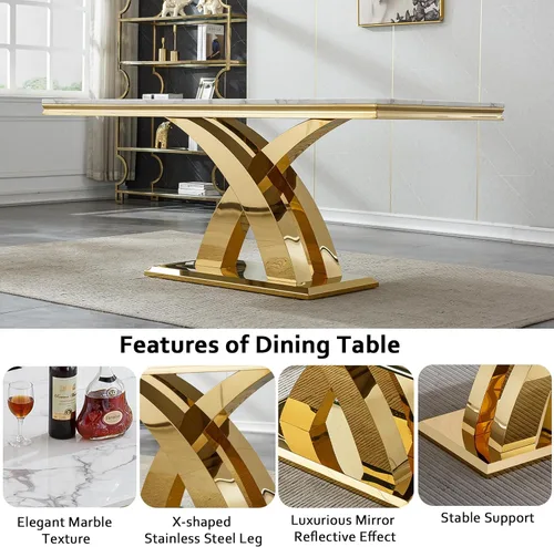 Miniatura 5 de Juego de mesa de comedor moderna de mármol sintético de oro blanco de 68 pulgadas para 6, juego de mesa rectangular de 7 piezas con patas de acero