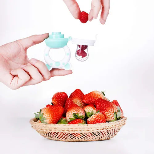Miniatura 2 de Chupete alimentador de frutas para bebés, alimentador de alimentos frescos, dentición de frutas para bebés de 3 a 24 meses, 6 bolsas de silicona Cian
