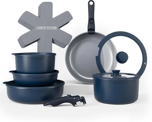 Country Kitchen Juego de utensilios de cocina con mango extraíble, juego de ollas y sartenes aptas para horno y autocaravana, denim, original