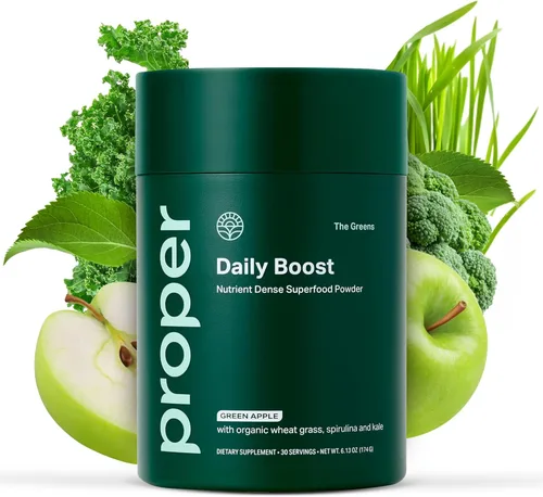 Proper, The Greens Daily Boost Organic Greens Powder. Alimento Integral, Polvo Vegetal Superalimento Sabor Manzana con Pasto de Trigo, Espirulina,