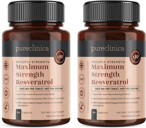 pureclinica 1000 mg de resveratrol x 180 tabletas (2 botellas de 90 tabletas cada una - suministro de 6 meses). 10 x fuerza y con extracto de