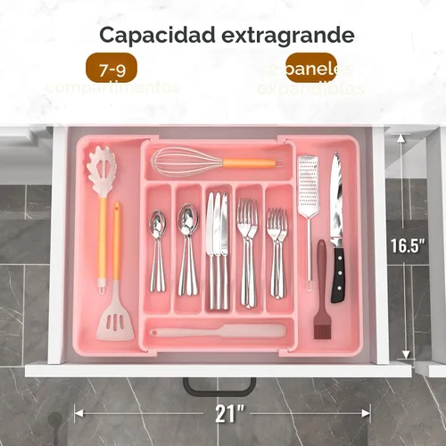Miniatura 2 de ukeetap Organizador de cubiertos expandible extragrande, sin BPA, apto para alimentos, organizador de cajones de utensilios de cocina, soporte Rosa