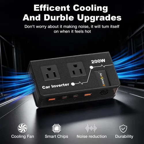 Miniatura 6 de Inversor de corriente para automóvil de 200 W, adaptador de salida de automóvil dual DC de 12 V a 110 V CA a enchufe de pared, carga rápida de 24 W