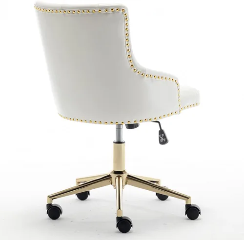 Miniatura 6 de BTEXPERT Silla de oficina en casa con base dorada de piel sintética blanca, ajustable, tapizado de uñas dorado, tapicería, dormitorio, estudio