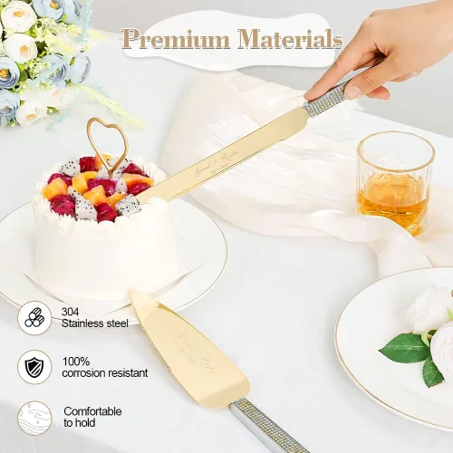 Miniatura 3 de Juego de cuchillo y servidor para pastel de boda, juego de corte de pastel personalizado, elegantes cortadores de pasteles grabados con diamantes